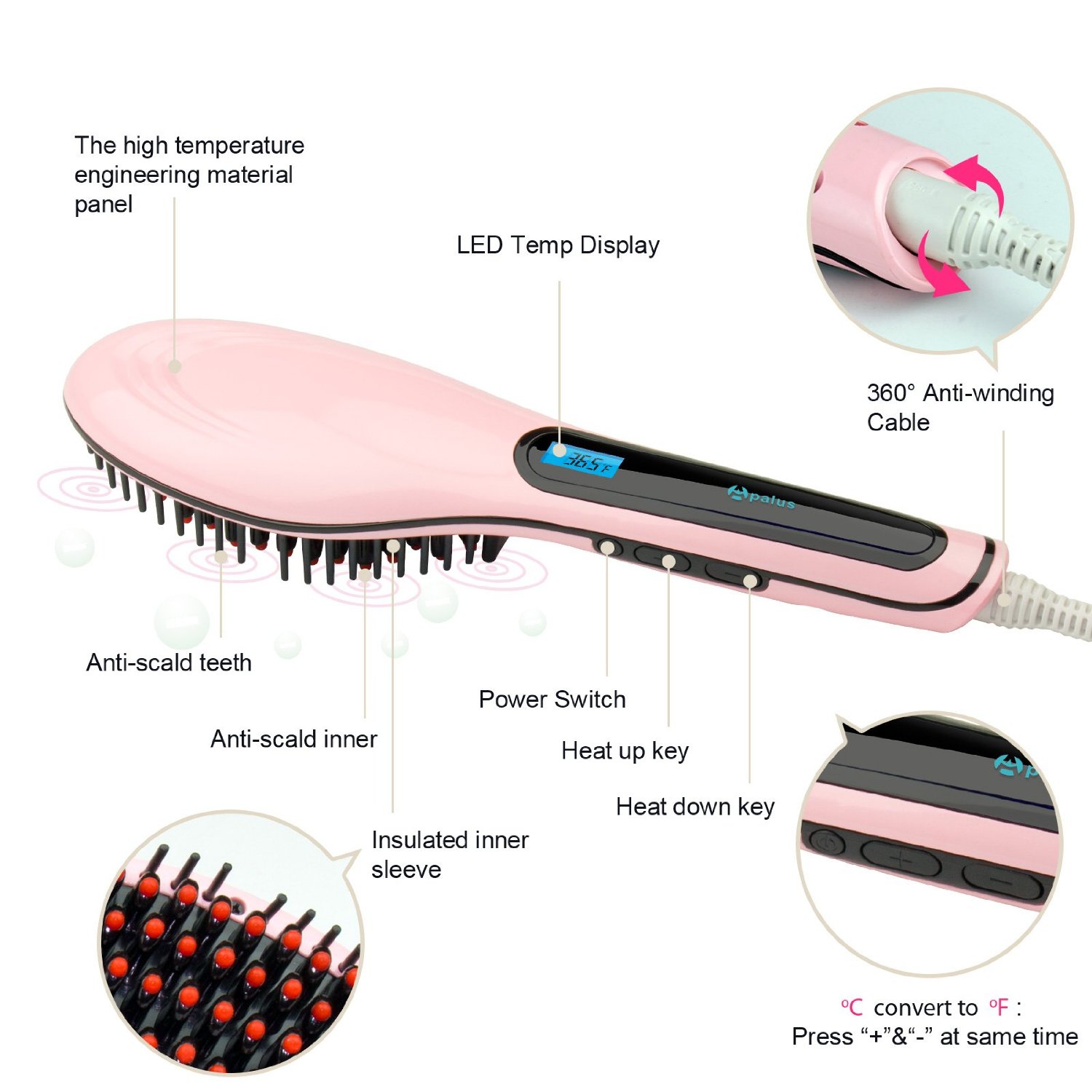 Apalus Hair Straightening Brush Pink