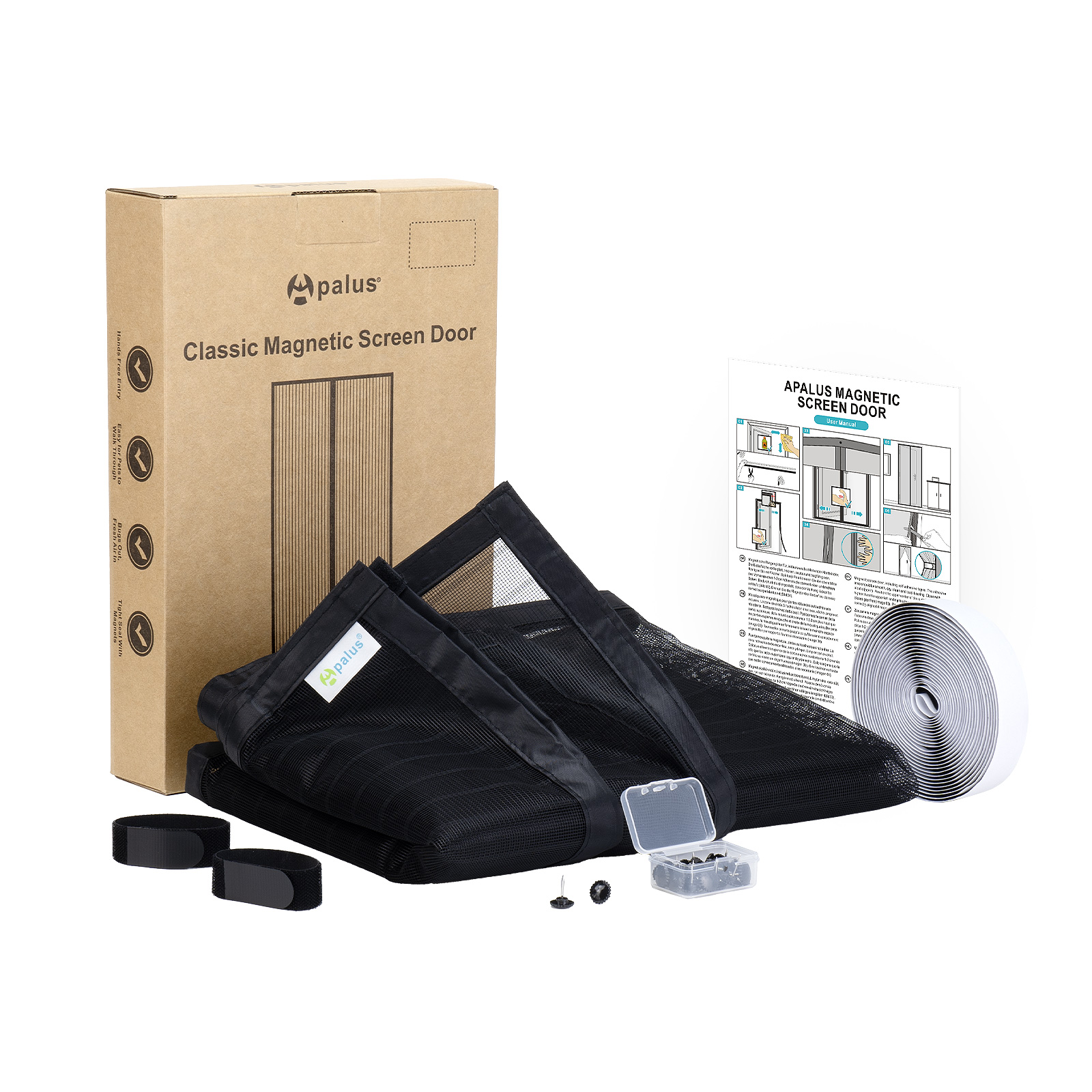 Apalus Classic Black Magnetic Screen Door, Super Fine Mesh Fly Curtain, Magnetic Top-to-Bottom Seal Snaps Closes Automatically, Keep Fresh Air in & Bugs Out(100x220CM) 